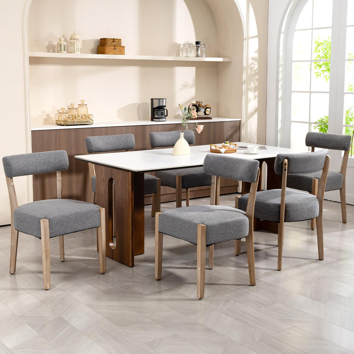 ZJhome Dining Chairs Set of 4,Mid Century Modern Dining Chair Set - Linen Upholstered Low Back Kitchen & Dining Room Chairs with Woven Design,Oatmeal Fabric