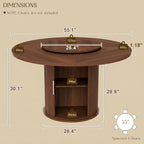 55" Fluted Round Dining Table for 4-6, Mid-Century Modern Kitchen Table with Rotating Tray, 2-Tier Storage Shelf, Wood Sliding Doors and Pedestal Base, Walnut