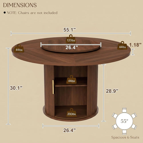 55" Fluted Round Dining Table for 4-6, Mid-Century Modern Kitchen Table with Rotating Tray, 2-Tier Storage Shelf, Wood Sliding Doors and Pedestal Base, Walnut