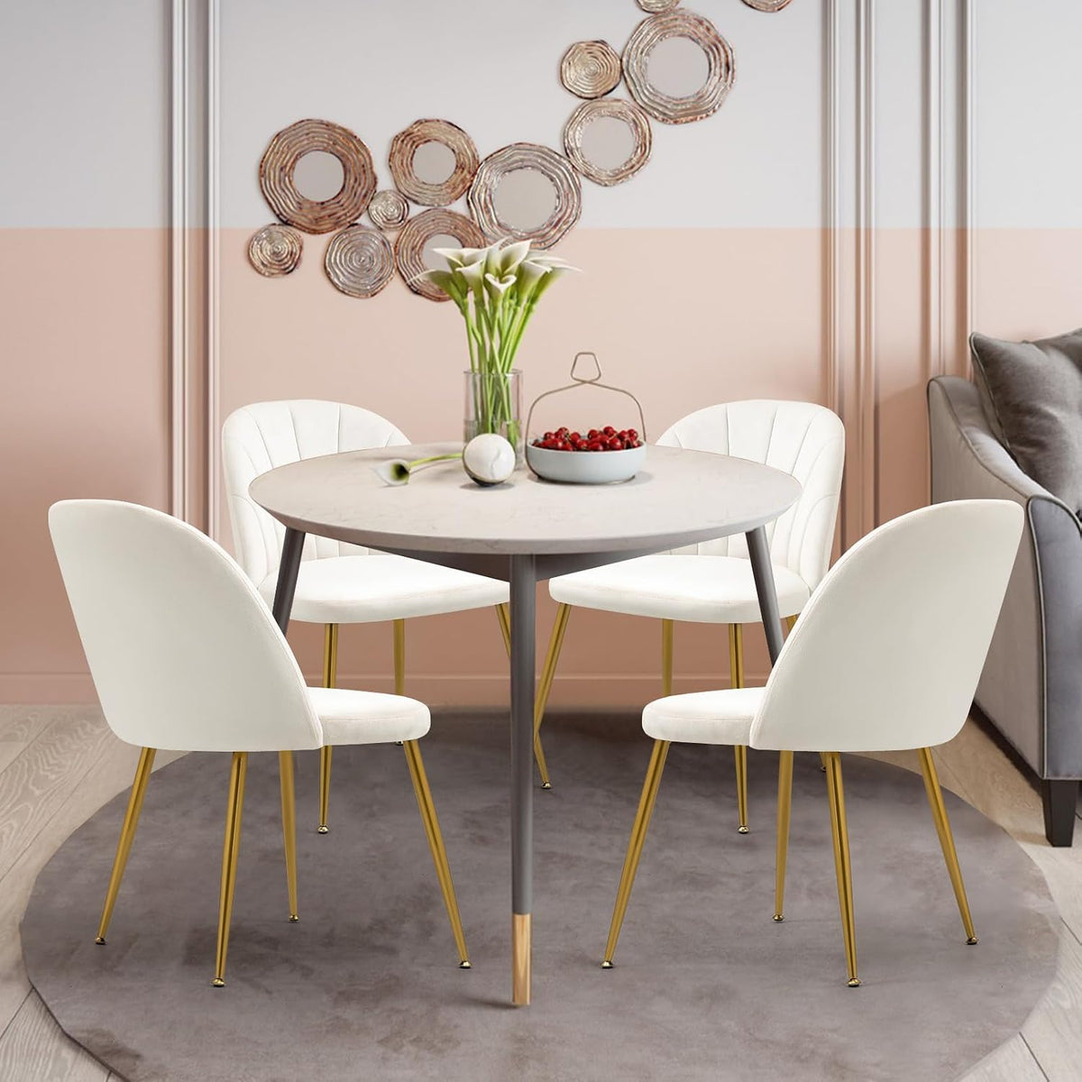 Velvet Dining Chairs Set of 4, Mid-Century Modern Upholstered Kitchen Chair with Metal Gold Legs for Living Room, Dining Room, White