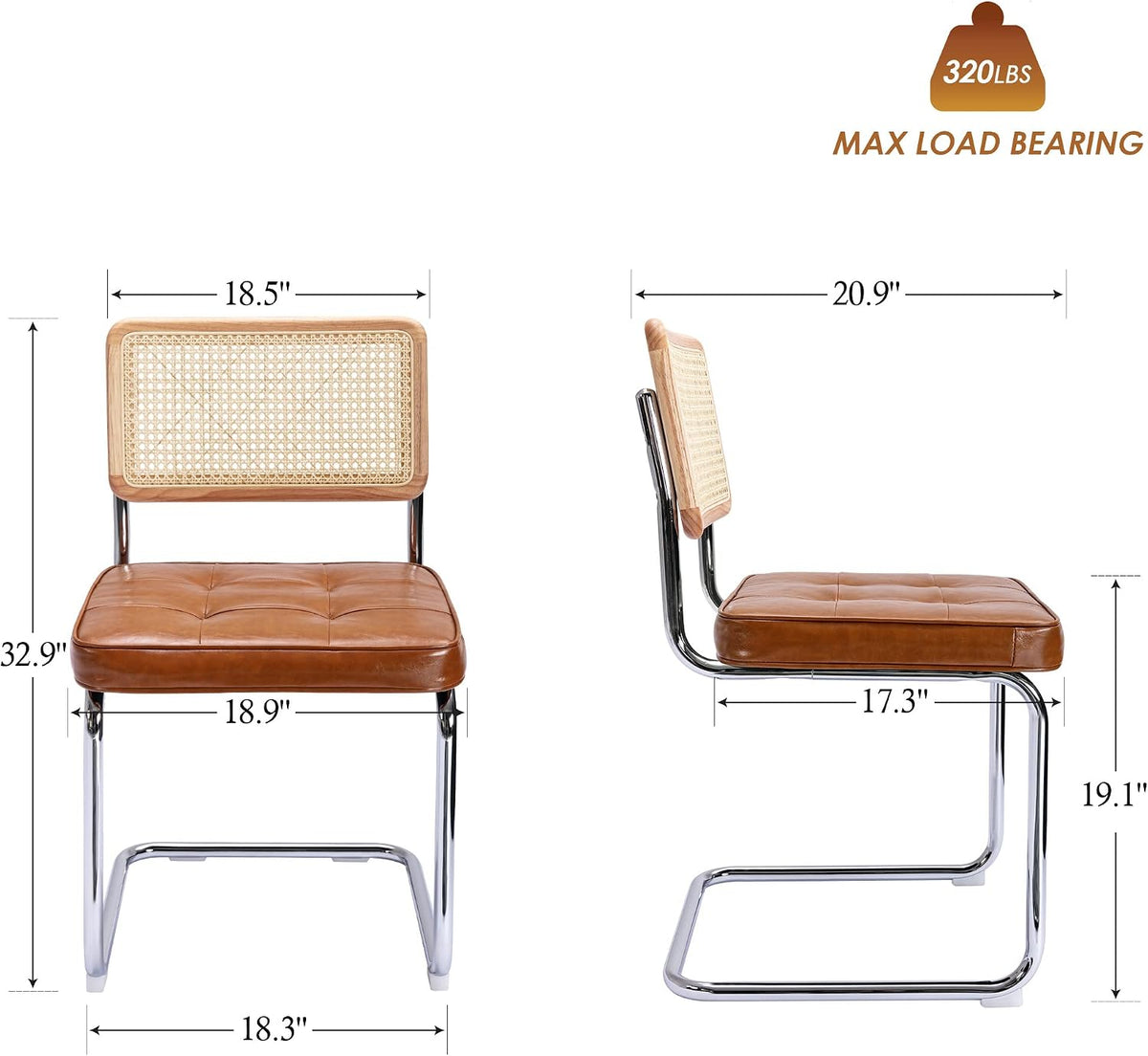ONEVOG Faux Leather Dining Chairs Set of 2, Mid-Century Modern Kitchen Chairs with Natural Rattan Back and Non-Slip Metal Legs, 19" Upholstered Armless Dining Room Chairs, Caramel Brown