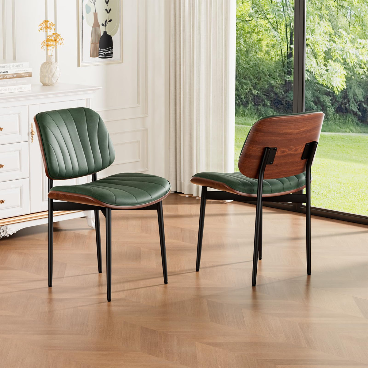 REONEY Dining Chairs Set of 2, Mid-Century Modern Kitchen Chairs, Black