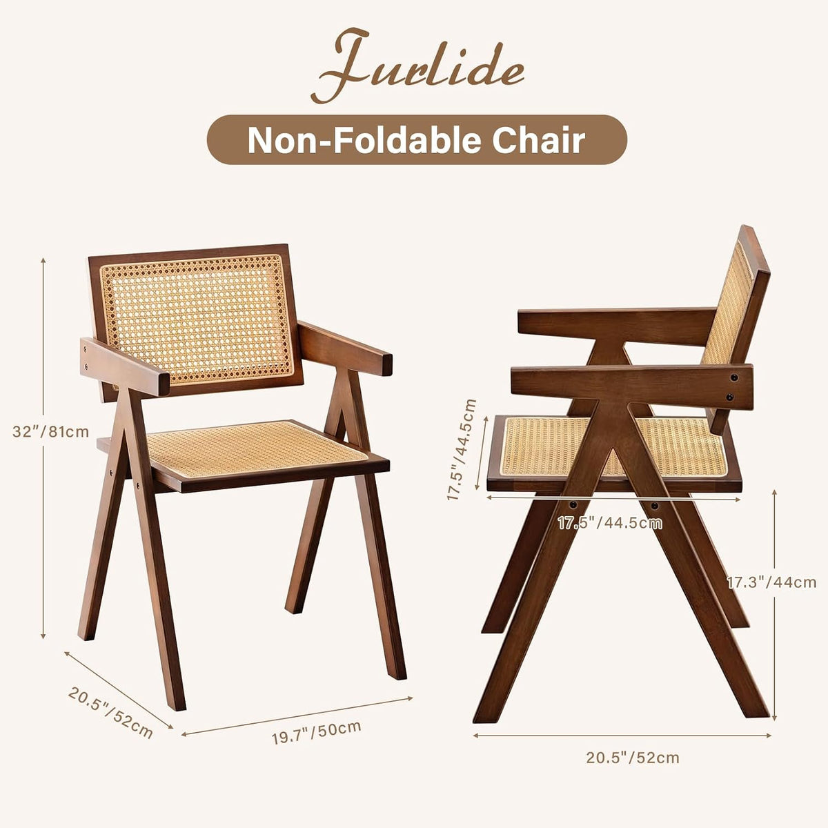 Furlide Rattan Dining Chairs Set of 2, Bamboo Armchairs in Walnut