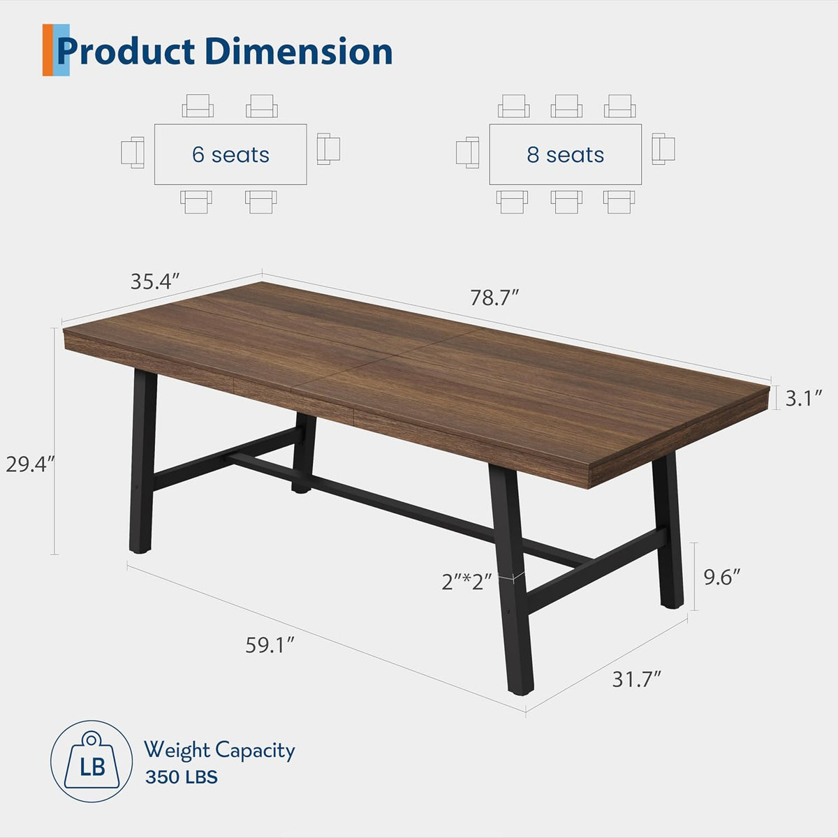 Garvee 79" Heavy Duty Kitchen Table, Rustic Dining Table, Brown