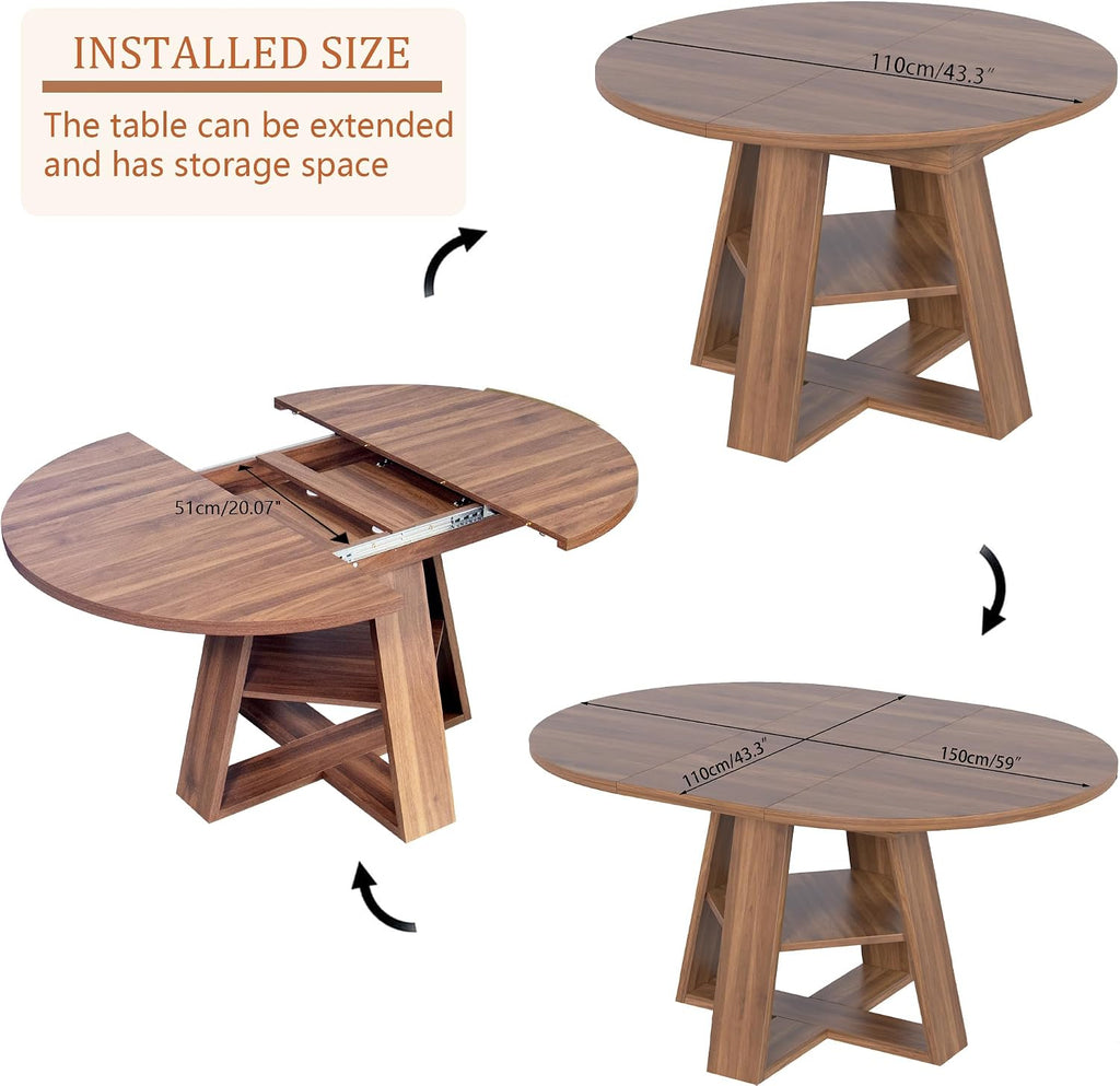 43.3"-59" Extendable Round Oval Dining Table for 4-8 with Storage Shelf