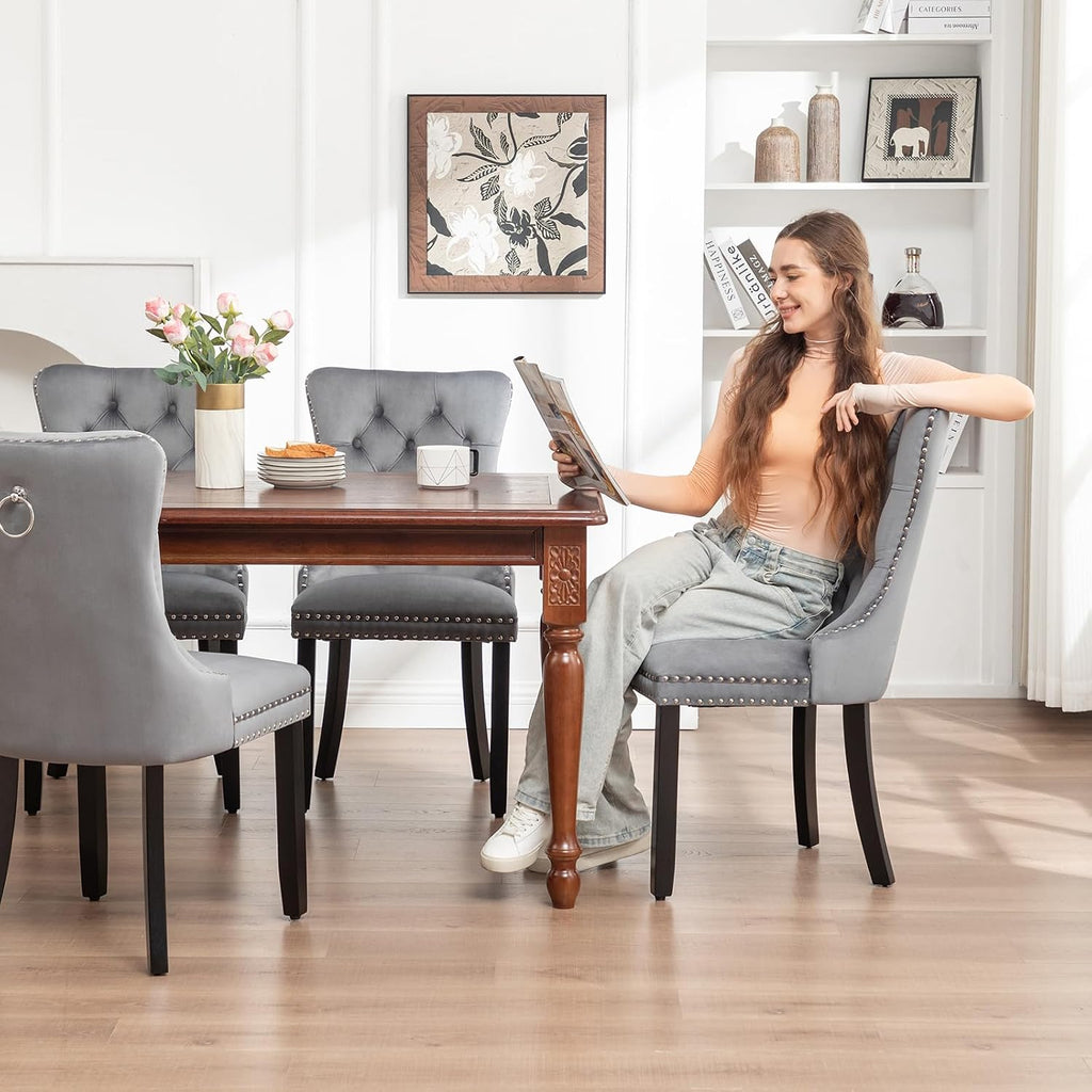 Hixkol Velvet Dining Chairs Set of 4,Upholstered Dining Chairs with Ring Pull Trim and Button Back,Modern Seating for Kitchen, Bedroom & Living Room(Grey)