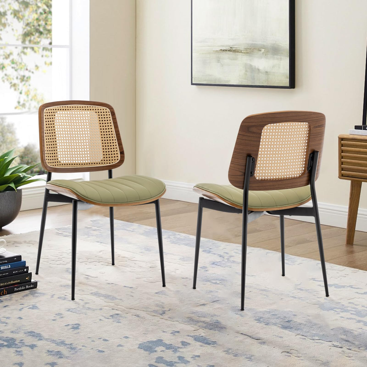 LUNLING Dining Chairs Set of 2 Mid Century Modern Retro Green Velvet Kitchen Chairs with Walnut Bentwood Upholstered Seat Metal Legs Adjustable Foot for Kitchen Dining Room Chairs(Green Fabric)