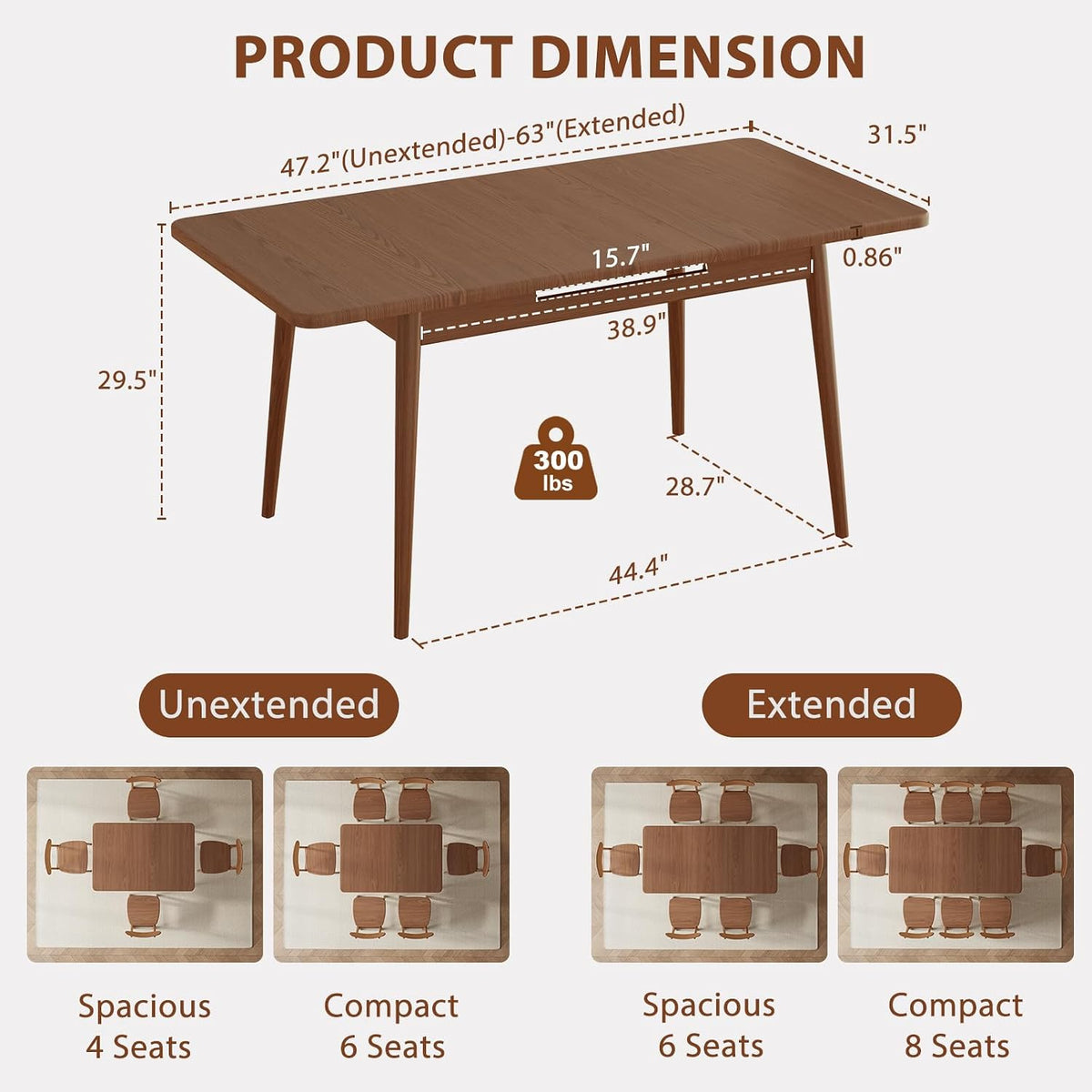 Muwuele 47"-63" Solid Wood Extendable Dining Tables for 4-8, Walnut