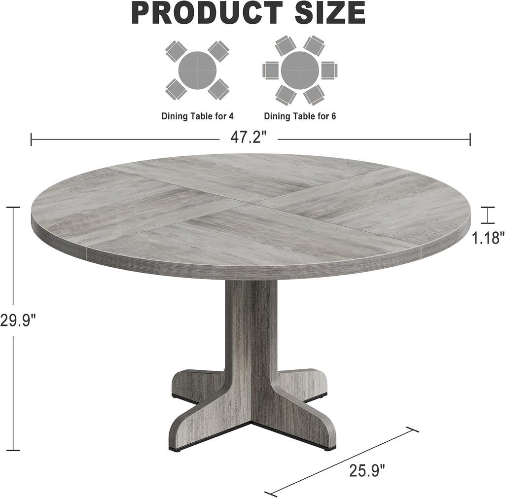 47" Round Dining Table for 4, Farmhouse Kitchen Dining Room Table, Grey