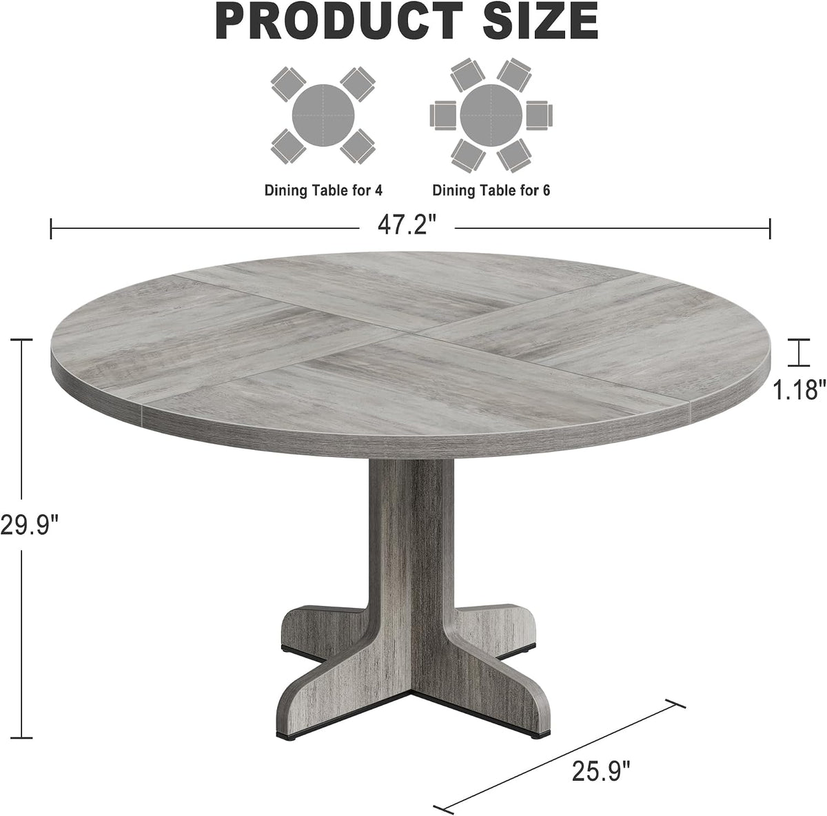 47" Round Dining Table for 4, Farmhouse Kitchen Dining Room Table, Grey
