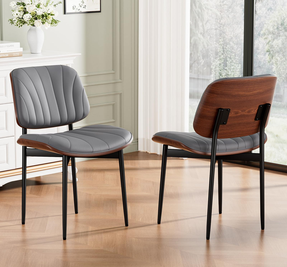 REONEY Dining Chairs Set of 2, Mid-Century Modern Kitchen Chairs, Black