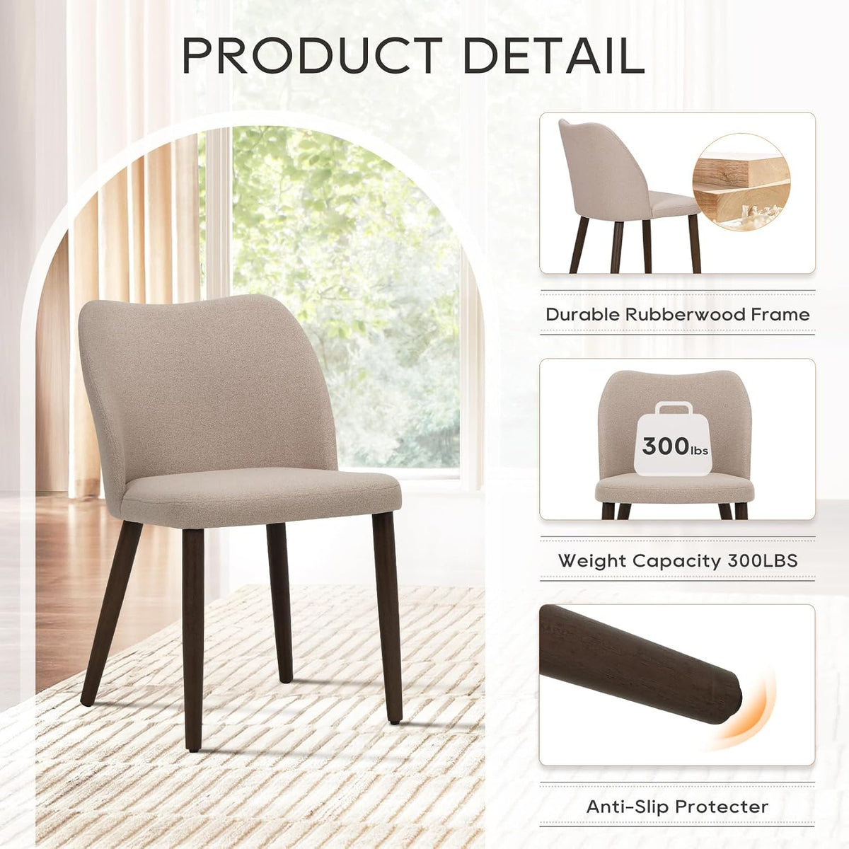 MALOL Dining Chairs Set of 6, Upholstered Fabric Kitchen Chairs with Curved Back, Padded Seat and Solid Wood Legs, Modern Dining Chair for Kitchen Dining Room, Camel