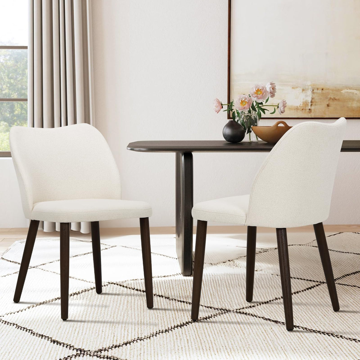 COLAMY Upholstered Dining Chairs Set of 6, Modern Kitchen & Dining Room Chairs with Curved Back, Fabric Padded Seat and Solid Wood Legs, Side Chairs for Restaurant, Cafe & Home, Beige