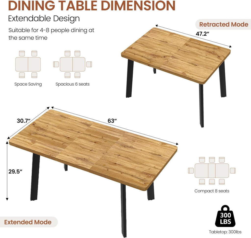 Modern 47.2"-63" Extendable Rectangular Dining Room Table, Walnut