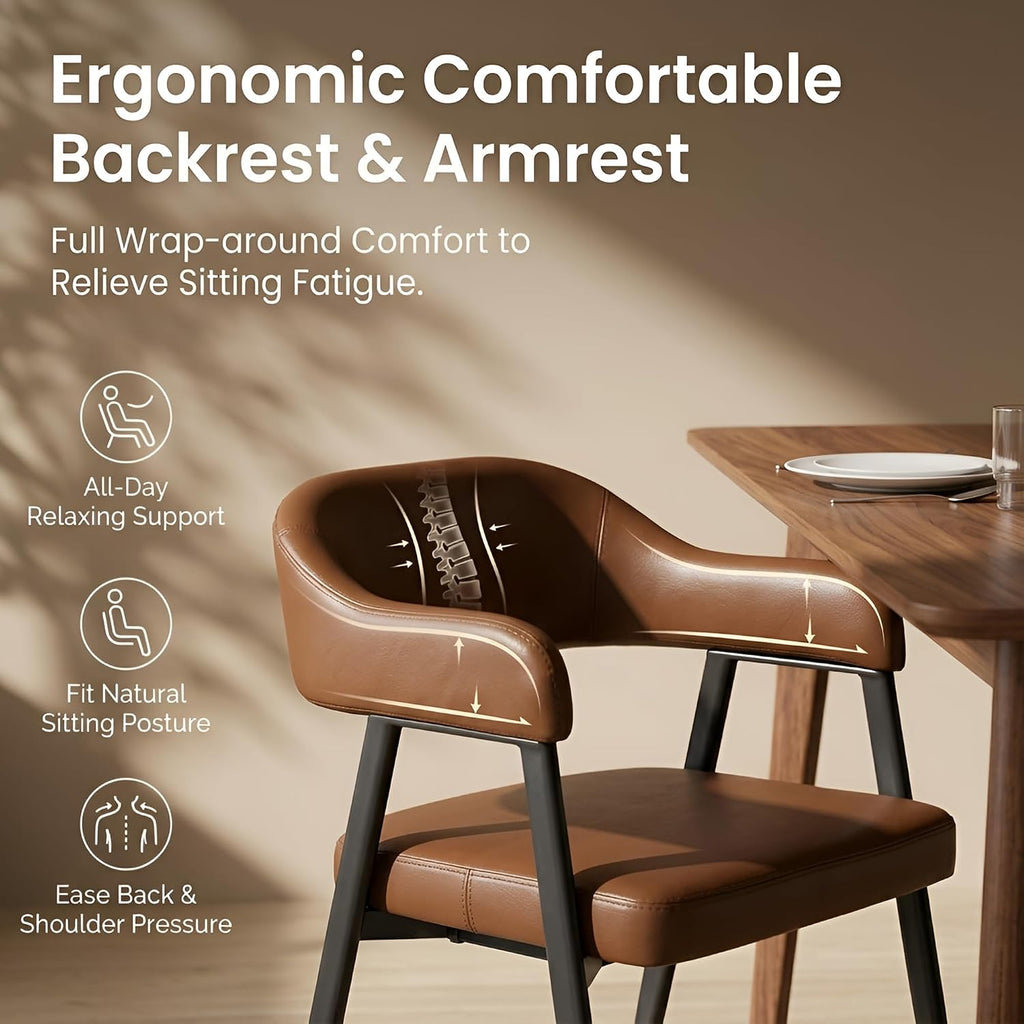 HNY Modern Dining Room Arm Chairs Set of 6, Retro Faux Leather Upholstered Barrel Dining Chairs with Arms Mid-Century Brown Accent Chair with Metal Legs, Open-Back Kitchen Side Chair for Living Room