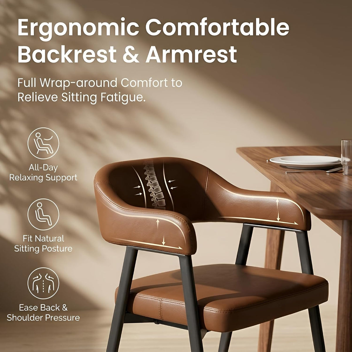 HNY Modern Dining Room Arm Chairs Set of 6, Retro Faux Leather Upholstered Barrel Dining Chairs with Arms Mid-Century Brown Accent Chair with Metal Legs, Open-Back Kitchen Side Chair for Living Room