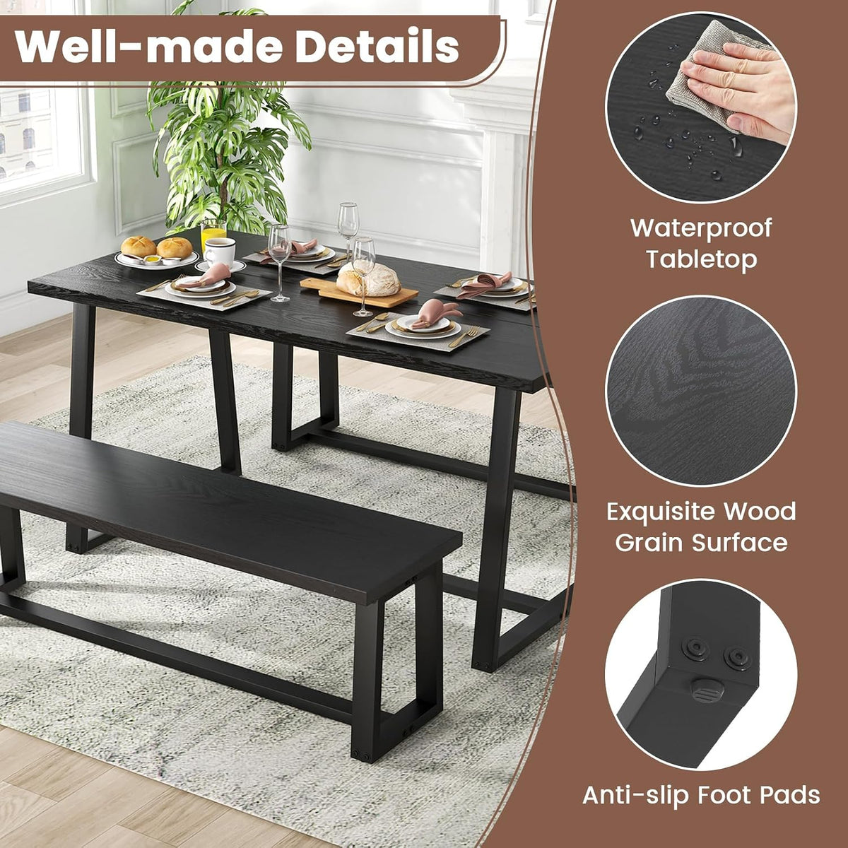 GIANTEX 63" Large Dining Table for 4-6, Mid-Century Kitchen Table w/Heavy-Duty Metal Frame & Anti-Slip Foot Pads, Rectangular Dinner Table for Dining Room Living Room (Rectangular, Black)
