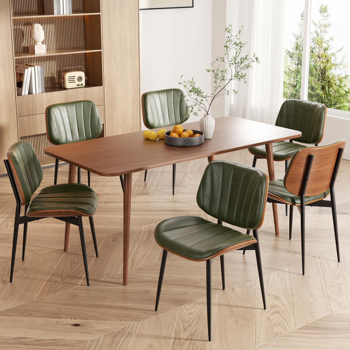 Dining Chairs Set of 2, Mid Century Modern Dining Room Chair, Upholstered Faux Leather Kitchen Chairs with Walnut Bentwood Back and Metal Legs for Kitchen Dining Room Living Room, Black