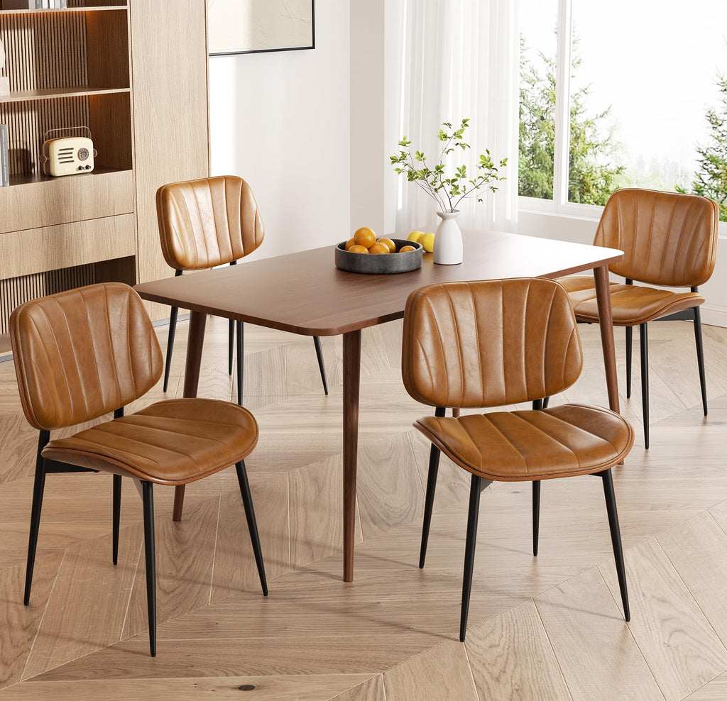 Dining Chairs Set of 2, Mid Century Modern Dining Room Chair, Upholstered Faux Leather Kitchen Chairs with Walnut Bentwood Back and Metal Legs for Kitchen Dining Room Living Room, Black
