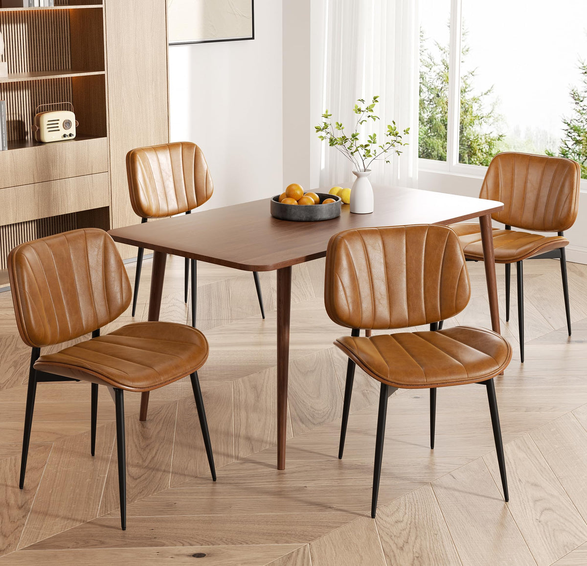 Dining Chairs Set of 2, Mid Century Modern Dining Room Chair, Upholstered Faux Leather Kitchen Chairs with Walnut Bentwood Back and Metal Legs for Kitchen Dining Room Living Room, Black