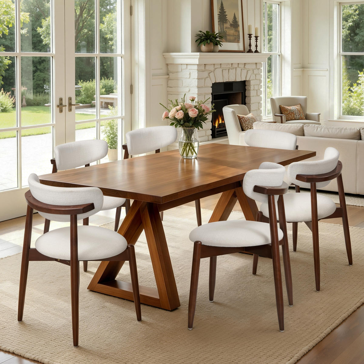 CHUN YI Dining Chairs Set of 4, Upholstered Wooden Dining Room Chairs, Mid Century Modern Fabric Kitchen Chair with Ergonomic Curved Backrest, Beige (Only Chairs)