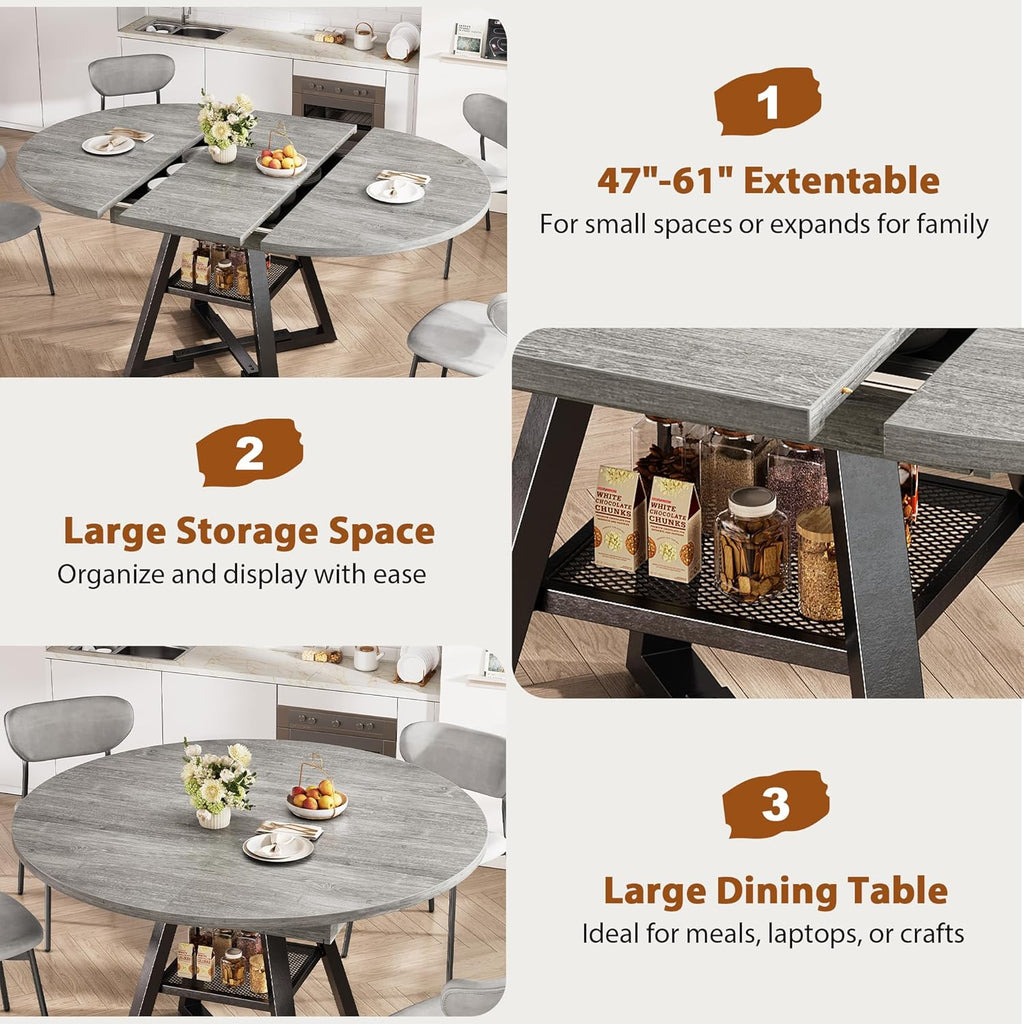 Jocoevol Extendable Round Dining Table for 4-8, Round to Oval Dining Table with Open Storage Shelf, Space Saving Expandable Kitchen Table, Modern Design for Apartments & Dining Rooms,Grey