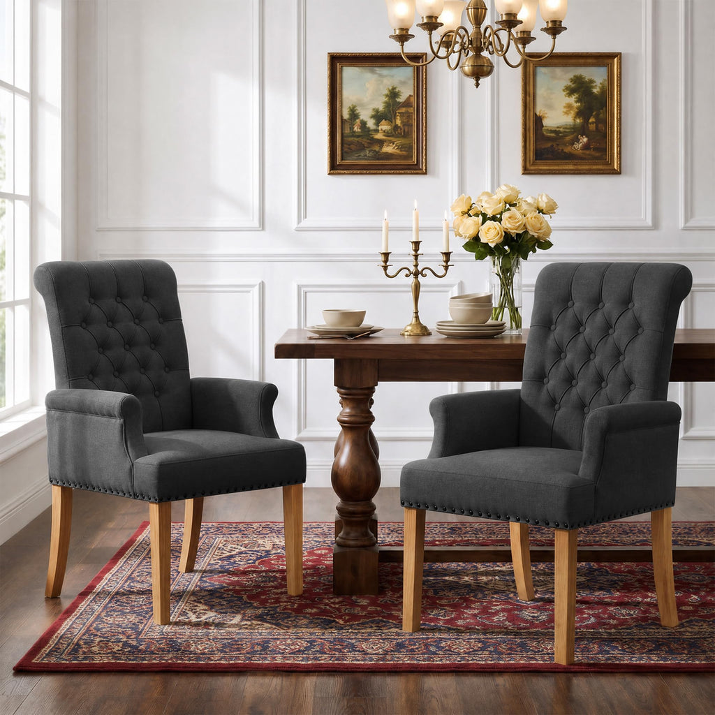 WUTUTUEE Fabric Dining Chair with Arms, Upholstered Tufted High Back Dining Room Chairs, Accent Armchair with Solid Wood Leg and Nailhead Trim, Kitchen Dining Living Room, Beige