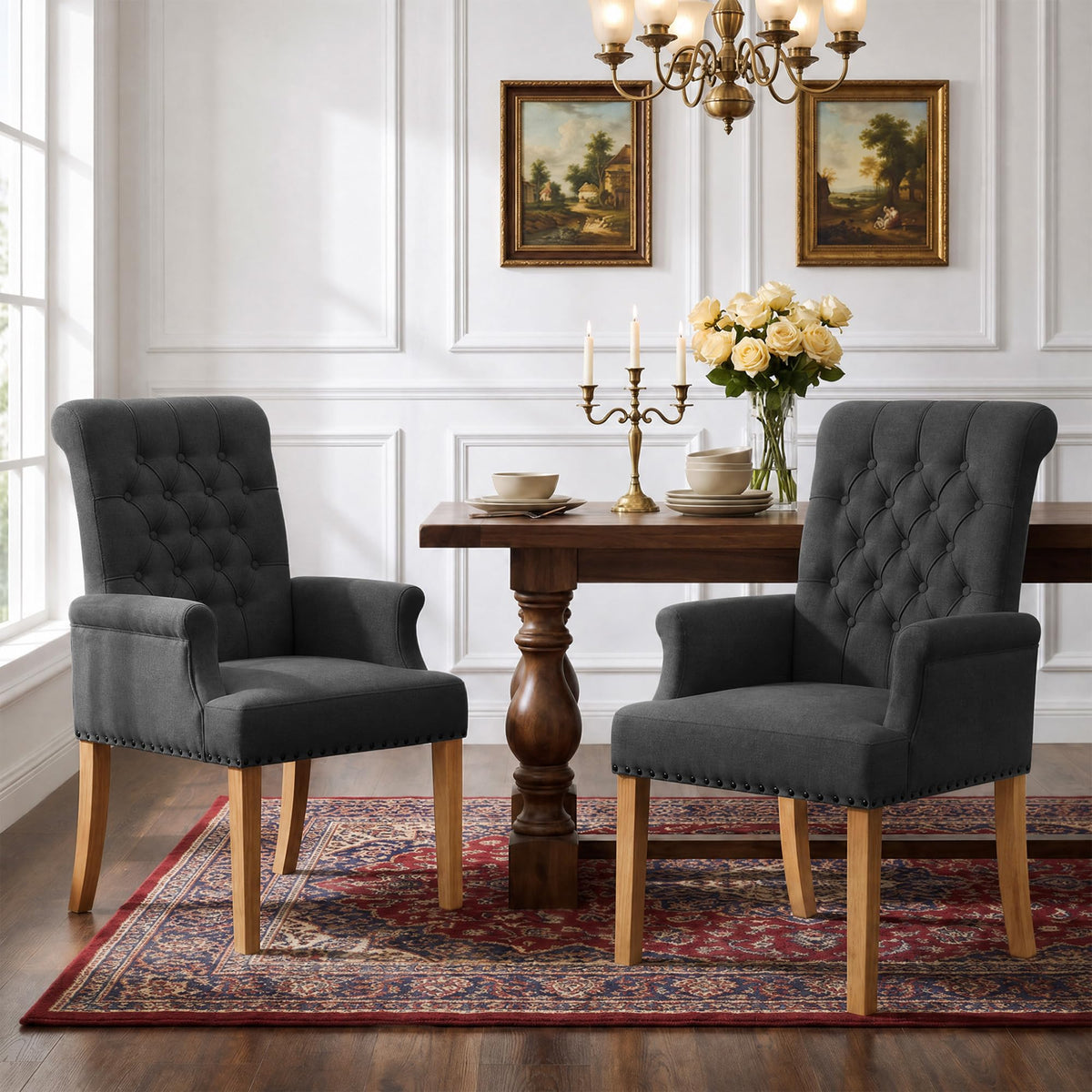 WUTUTUEE Fabric Dining Chair with Arms, Upholstered Tufted High Back Dining Room Chairs, Accent Armchair with Solid Wood Leg and Nailhead Trim, Kitchen Dining Living Room, Beige