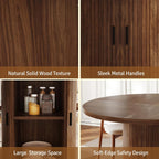 47 inch Round Dining Table for 4-6, Dinner Table with 2-Layer Storage Shelf, Morden Circle Kitchen Table with Wooden Strip Base and Wood Slide Door for Home Dining Room, Living Room, Walnut