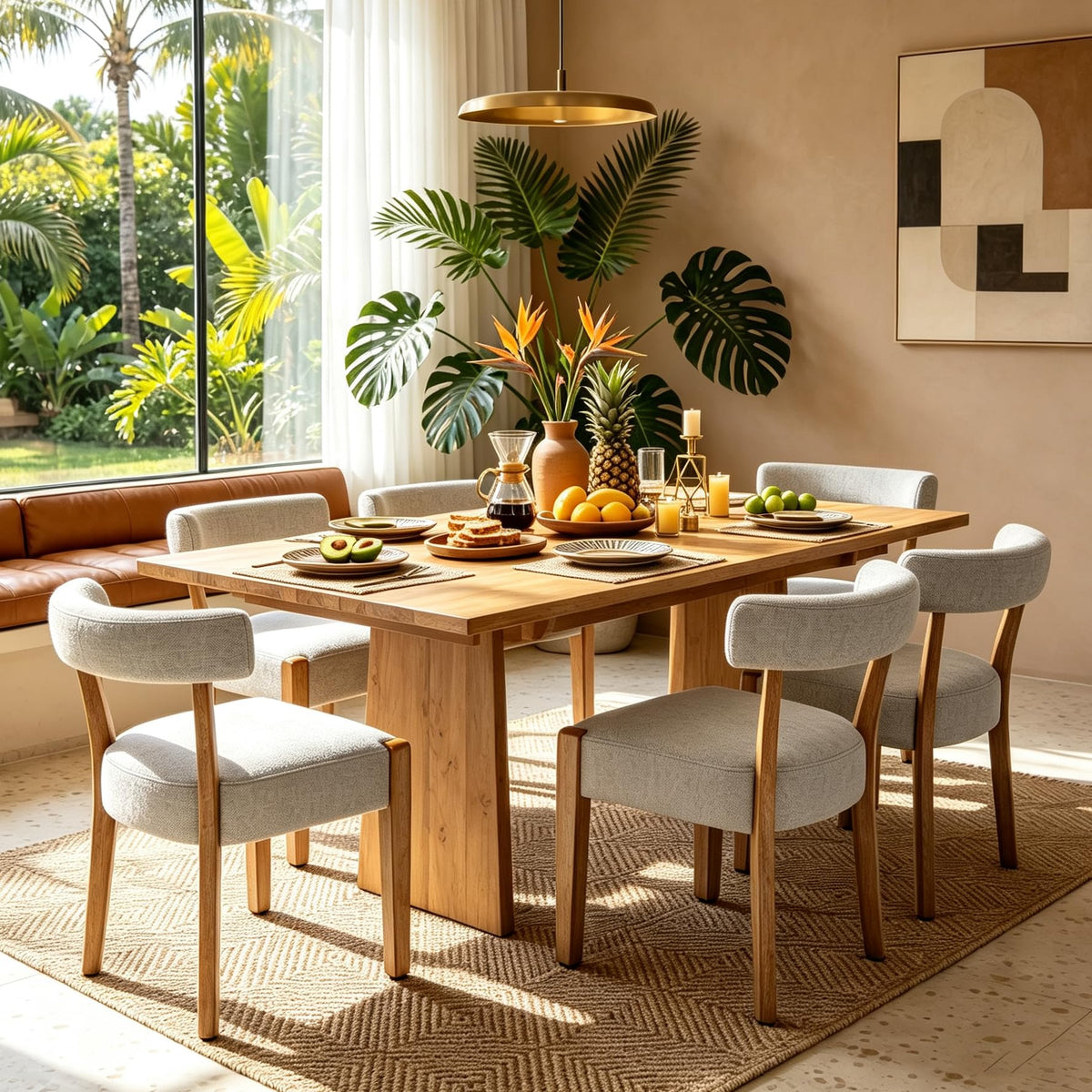 RNKSFX Modern Dining Chairs Set of 4, Faux Leather Upholstered Kitchen & Dining Room Chairs, Mid Century Modern Wooden Dining Chairs Oversized Sturdy Rounded Chairs Curved Back, Beige