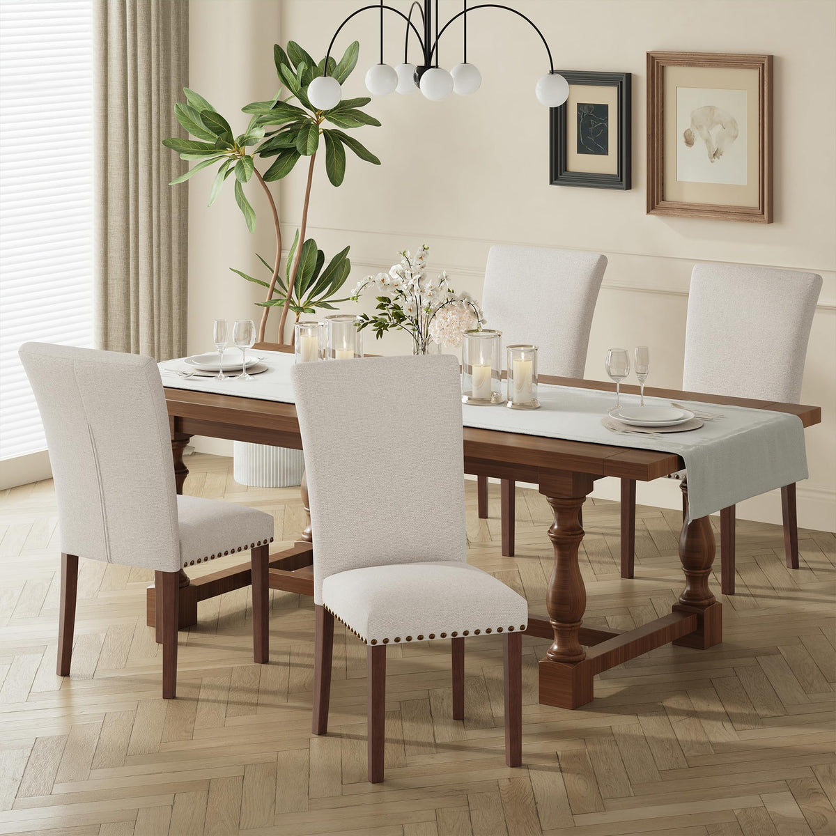 COLAMY Upholstered Parsons Dining Chairs Set of 4, Fabric Dining Room Kitchen Side Chair with Nailhead Trim and Wood Legs - Blue/White Flower
