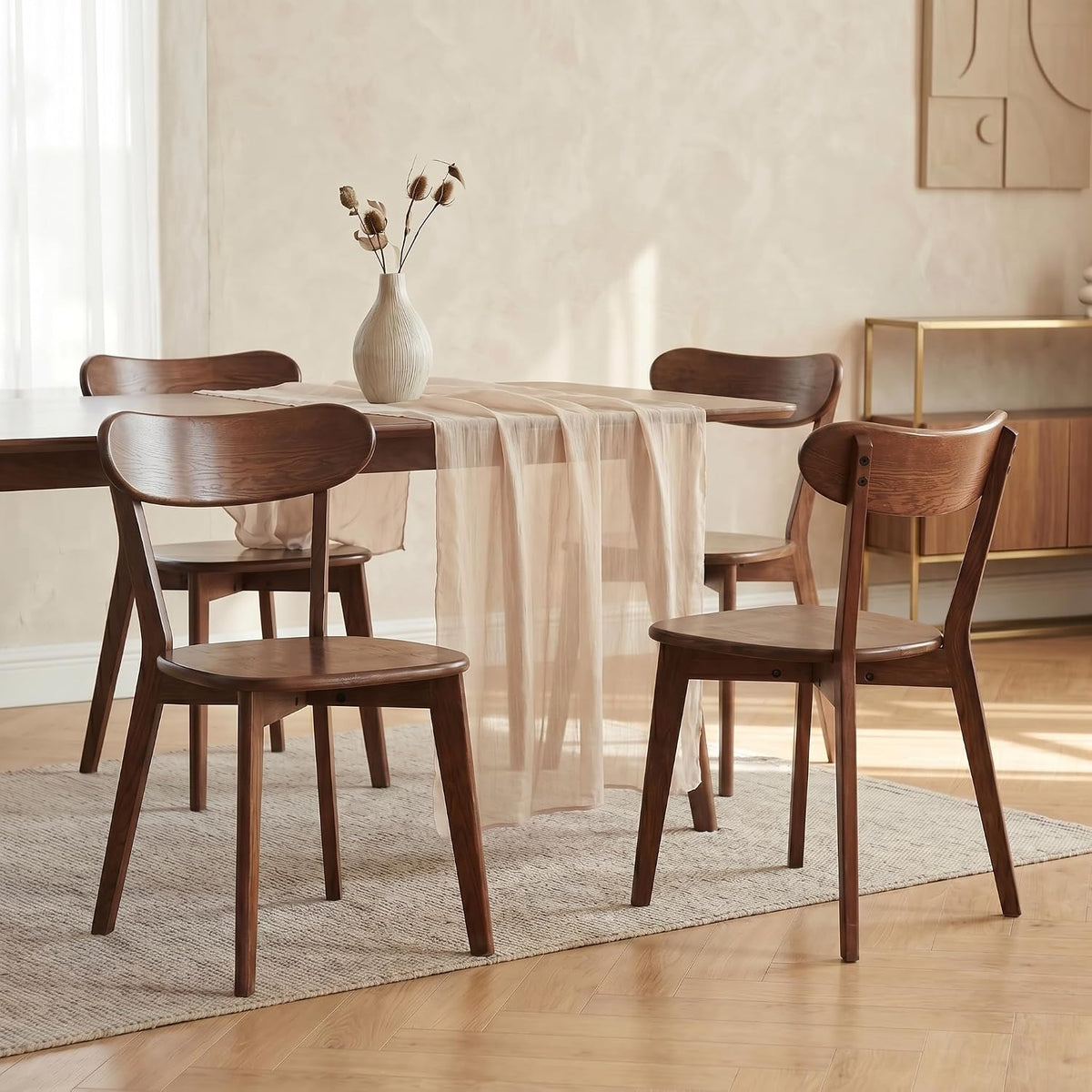 100% Solid Oak Dining Chairs Set of 4, Mid-Century Modern Dining Room Chairs, Wooden Kitchen Chairs with Curved Backrest, Walnut Brown Finish, Sillas de Comedor (4 Chairs)