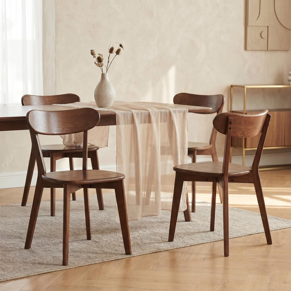 100% Solid Oak Dining Chairs Set of 4, Mid-Century Modern Dining Room Chairs, Wooden Kitchen Chairs with Curved Backrest, Walnut Brown Finish, Sillas de Comedor (4 Chairs)