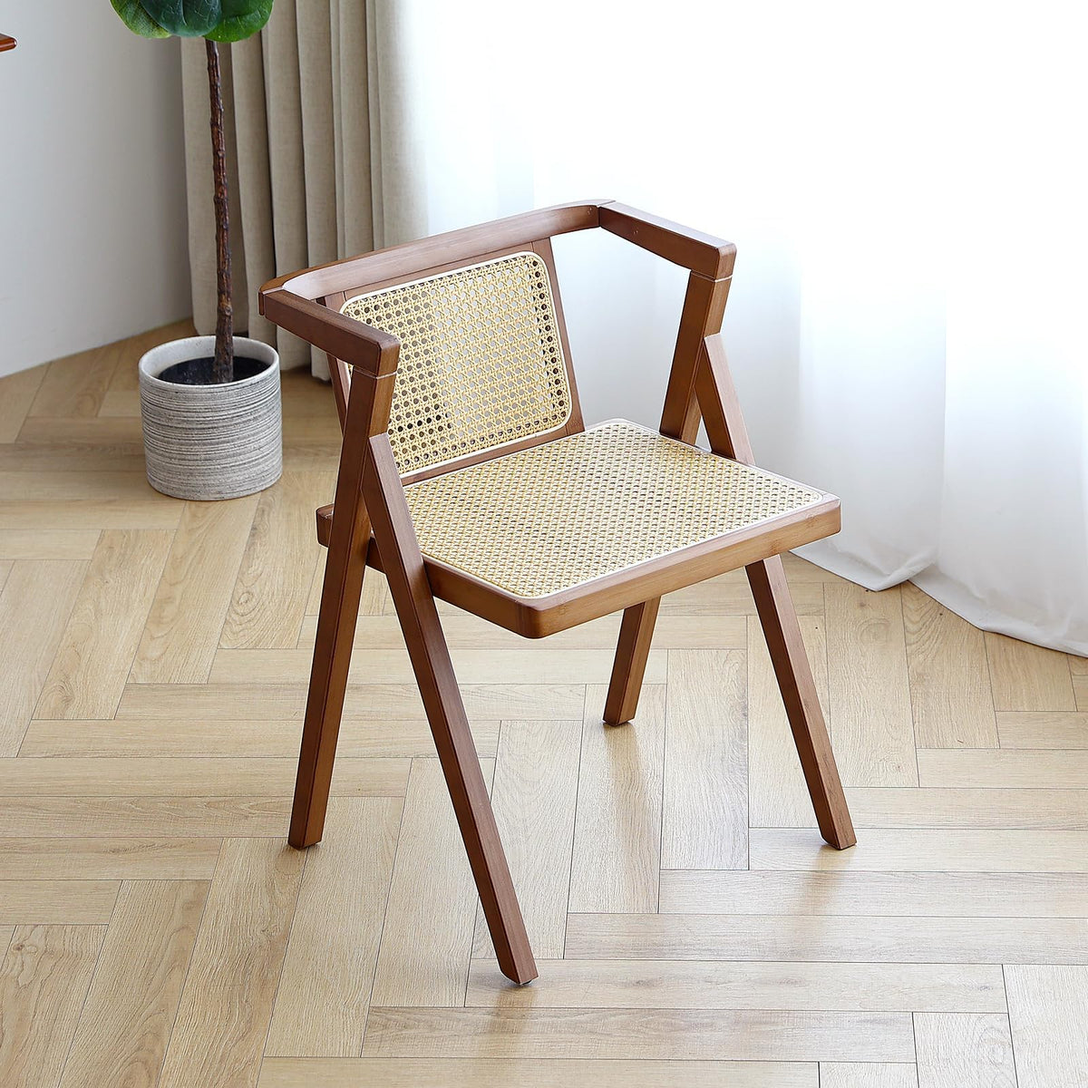 Furlide Rattan Dining Chairs Set of 2, Bamboo Armchairs in Walnut