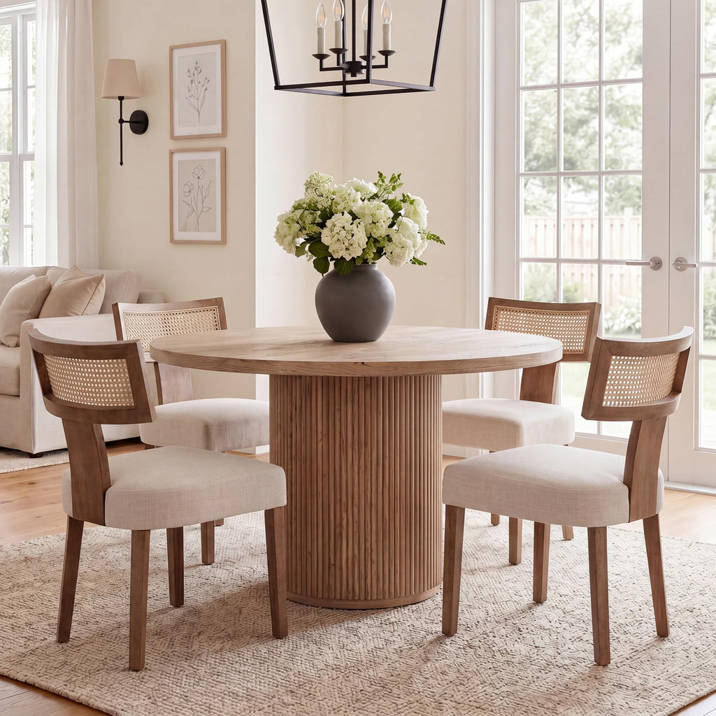 HNY Mid Century Modern Dining Chairs Set of 4, Upholstered Linen Kitchen & Dining Room Chairs with Ergonomic Curved Backrest, Solid Wood Legs, Farmhouse Accent Chair for Home, Apartment, Beige