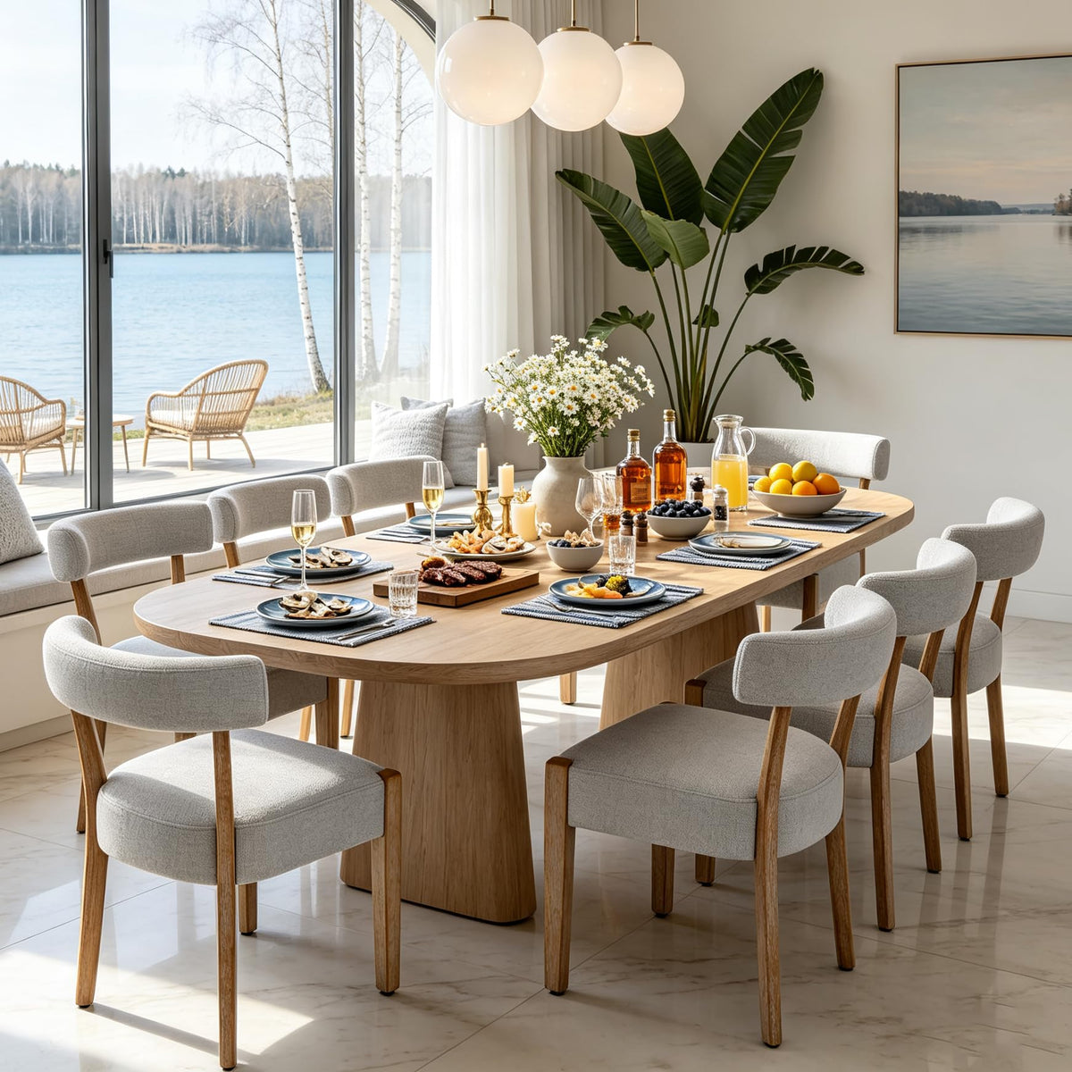 RNKSFX Modern Dining Chairs Set of 4, Faux Leather Upholstered Kitchen & Dining Room Chairs, Mid Century Modern Wooden Dining Chairs Oversized Sturdy Rounded Chairs Curved Back, Beige