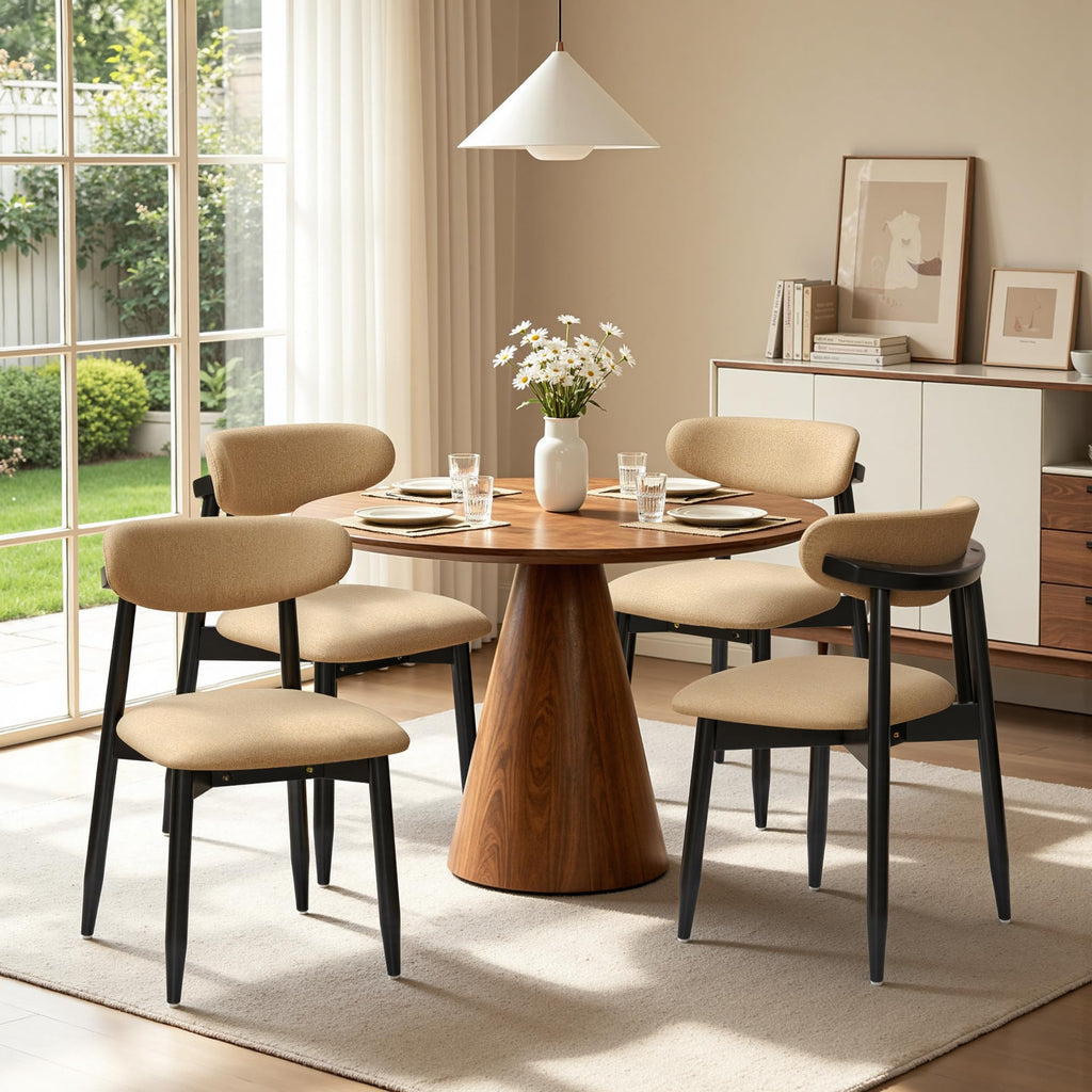 CHUN YI Dining Chairs Set of 4, Upholstered Wooden Dining Room Chairs, Mid Century Modern Fabric Kitchen Chair with Ergonomic Curved Backrest, Beige (Only Chairs)