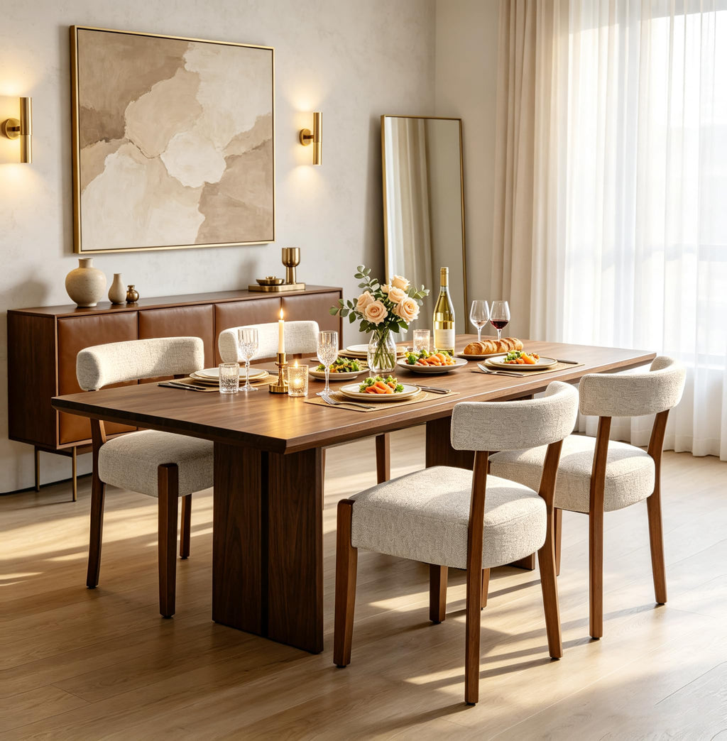 RNKSFX Modern Dining Chairs Set of 4, Faux Leather Upholstered Kitchen & Dining Room Chairs, Mid Century Modern Wooden Dining Chairs Oversized Sturdy Rounded Chairs Curved Back, Beige