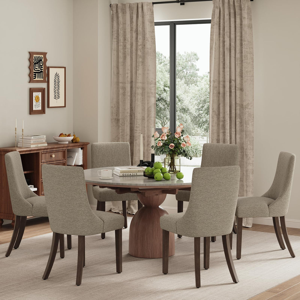 MALOL Wooden Dining Chairs Set of 6, Upholstered Kitchen & Dining Room Chairs with Solid Wood Legs Curved Backrest Farmhouse Accent Chair for Dining/Kitchen/Living Room, Camel