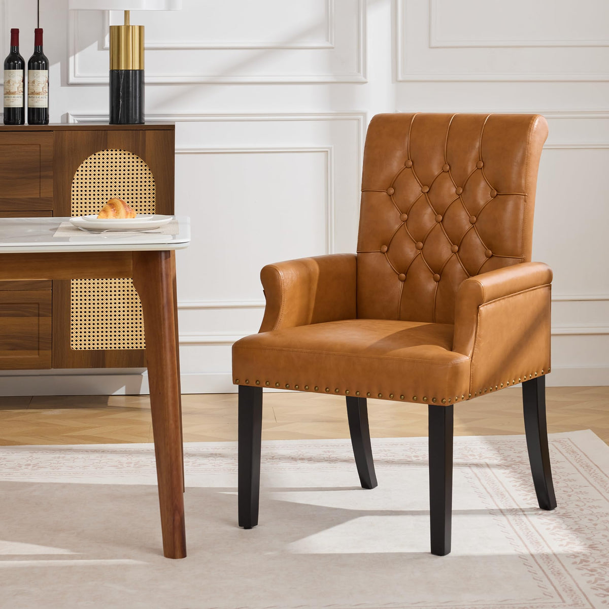 WUTUTUEE Fabric Dining Chair with Arms, Upholstered Tufted High Back Dining Room Chairs, Accent Armchair with Solid Wood Leg and Nailhead Trim, Kitchen Dining Living Room, Beige