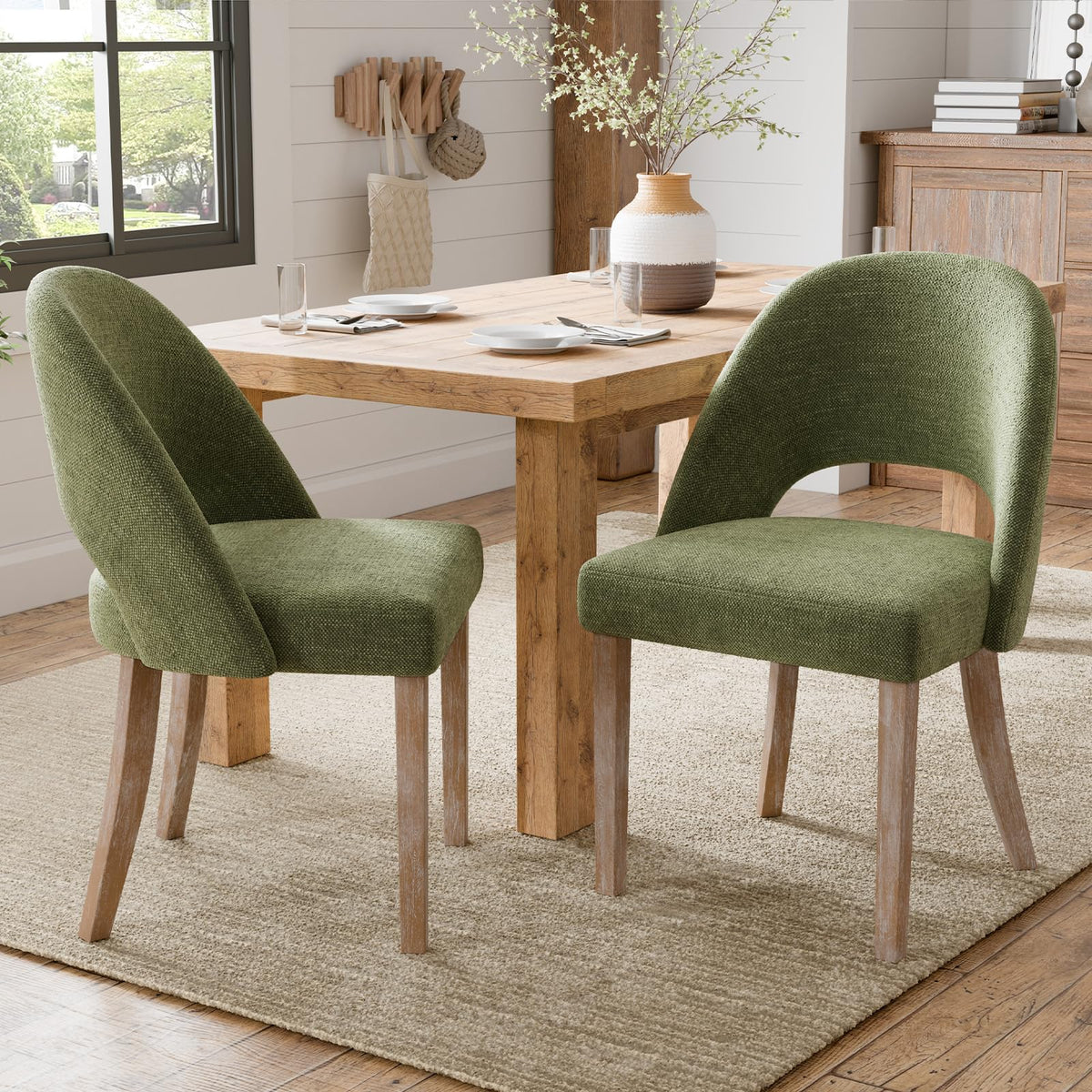 Wooden Dining Chairs Set of 4, Green Chenille Kitchen Dining Chairs