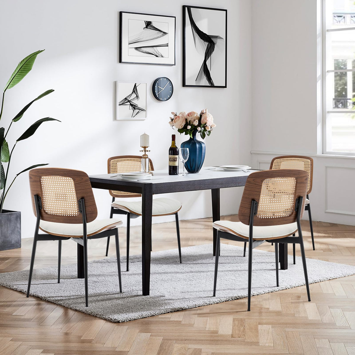 LUNLING Dining Chairs Set of 2 Mid Century Modern Retro Green Velvet Kitchen Chairs with Walnut Bentwood Upholstered Seat Metal Legs Adjustable Foot for Kitchen Dining Room Chairs(Green Fabric)