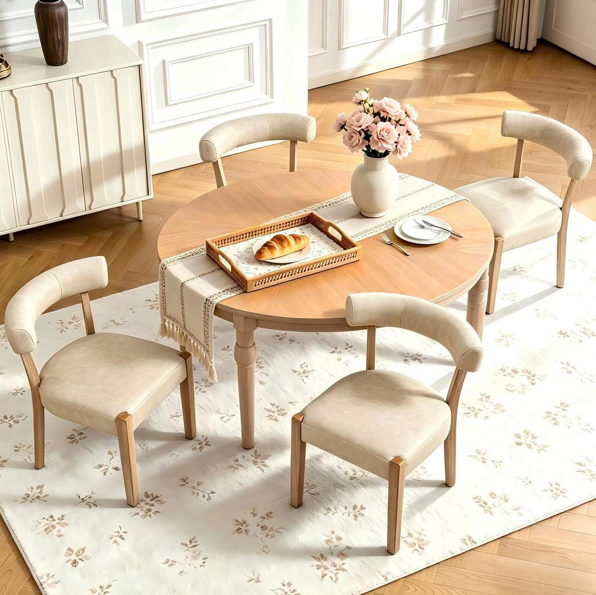 RNKSFX Modern Dining Chairs Set of 4, Faux Leather Upholstered Kitchen & Dining Room Chairs, Mid Century Modern Wooden Dining Chairs Oversized Sturdy Rounded Chairs Curved Back, Beige