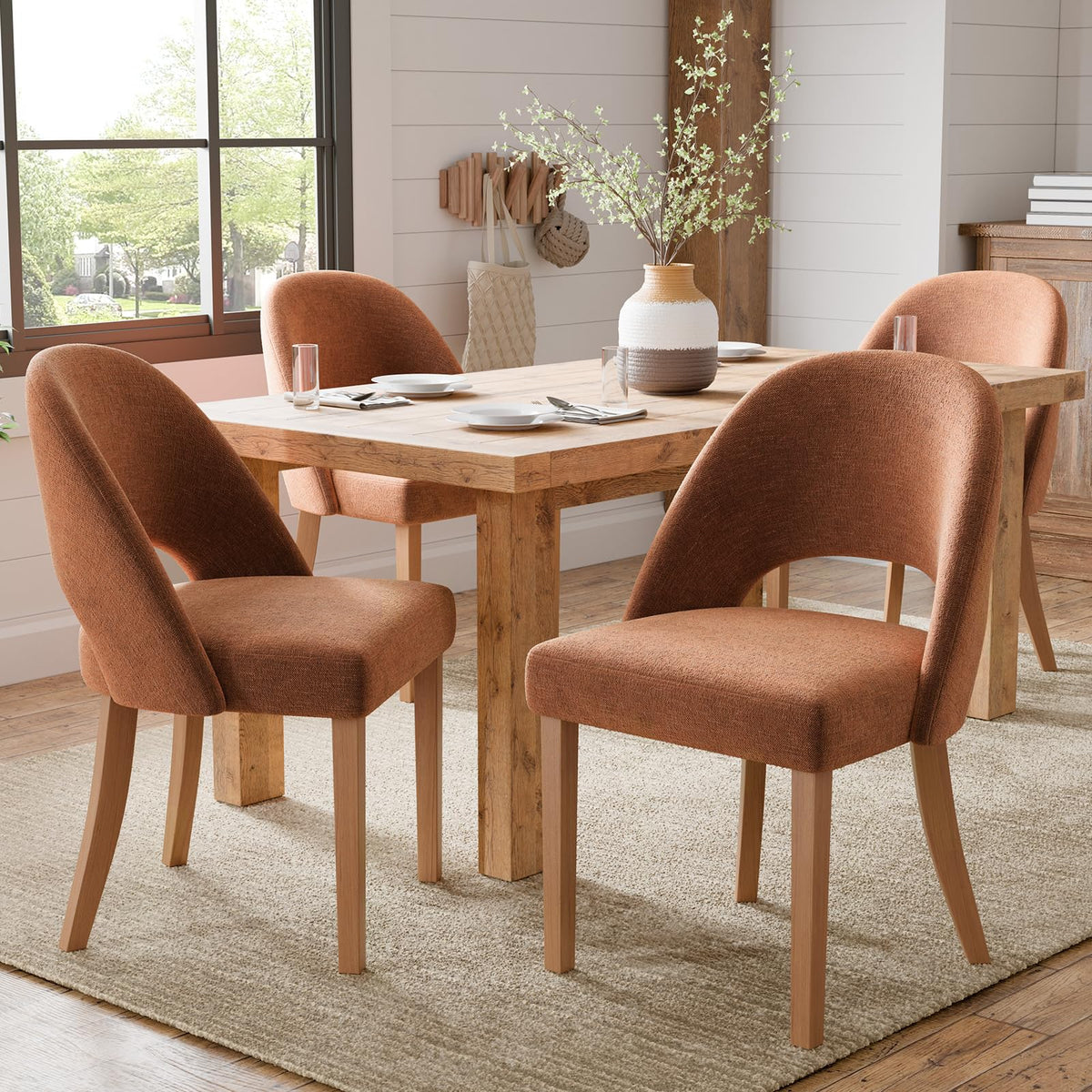 Wooden Dining Chairs Set of 4, Green Chenille Kitchen Dining Chairs