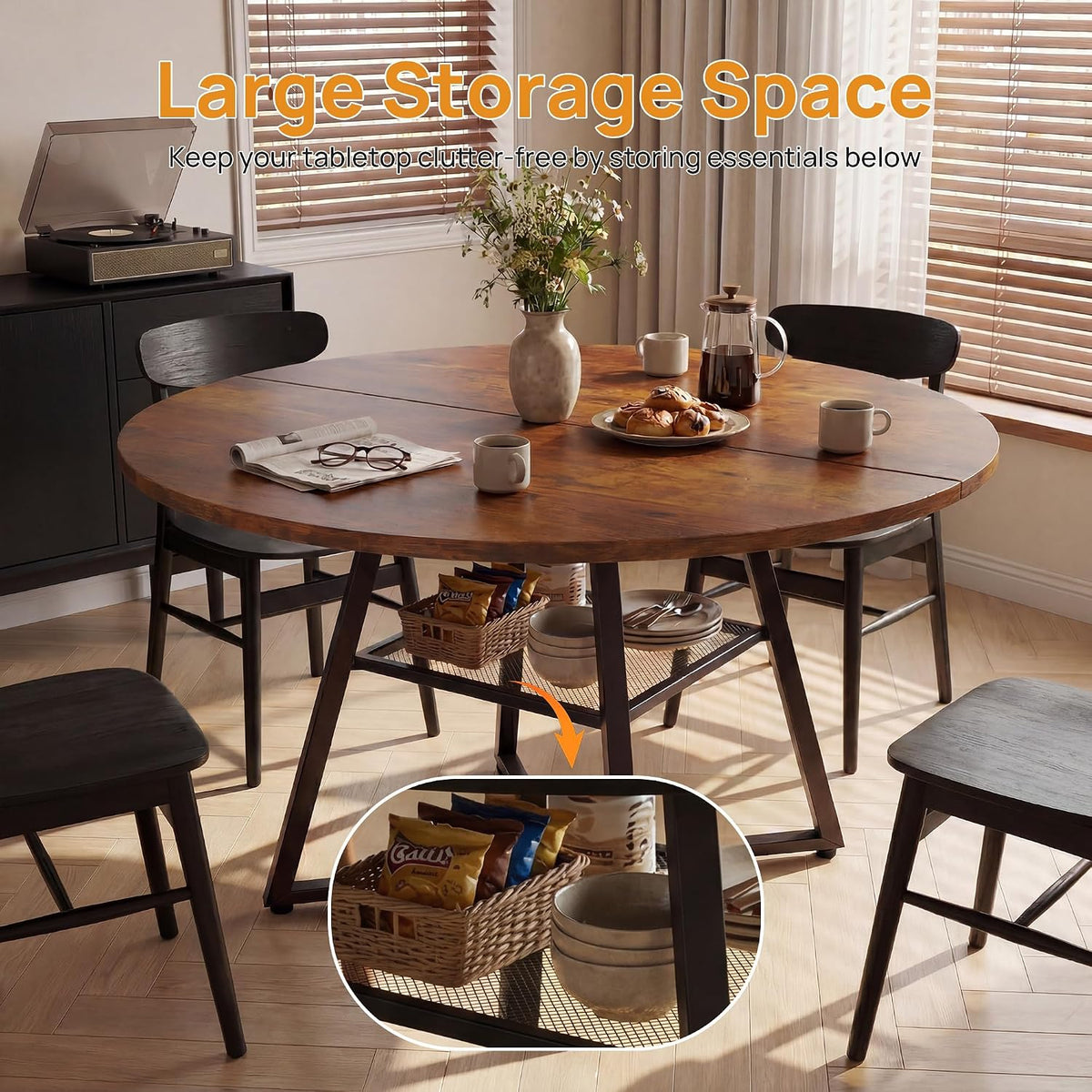 Alpen 42" Round Dining Table for 4-6, Farmhouse Kitchen Table with Storage Shelf, Wood Circle Table with Pedestal Metal Frame, Small Space Table for Apartment, Dining Room, Vintage Brown