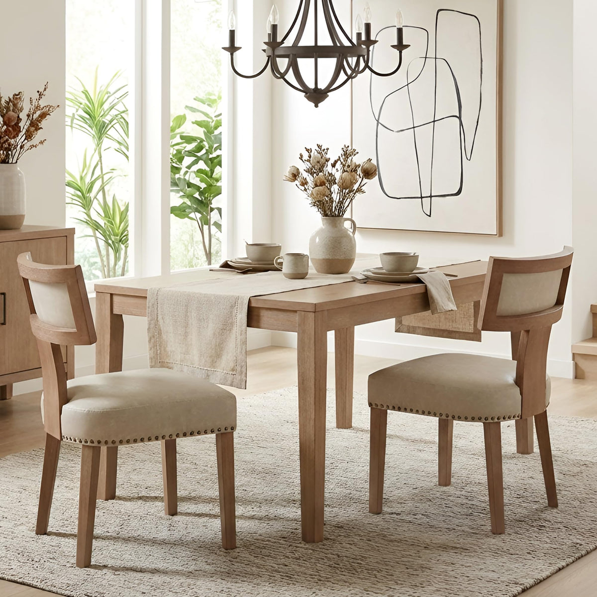 HNY Mid Century Modern Dining Chairs Set of 4, Upholstered Linen Kitchen & Dining Room Chairs with Ergonomic Curved Backrest, Solid Wood Legs, Farmhouse Accent Chair for Home, Apartment, Beige