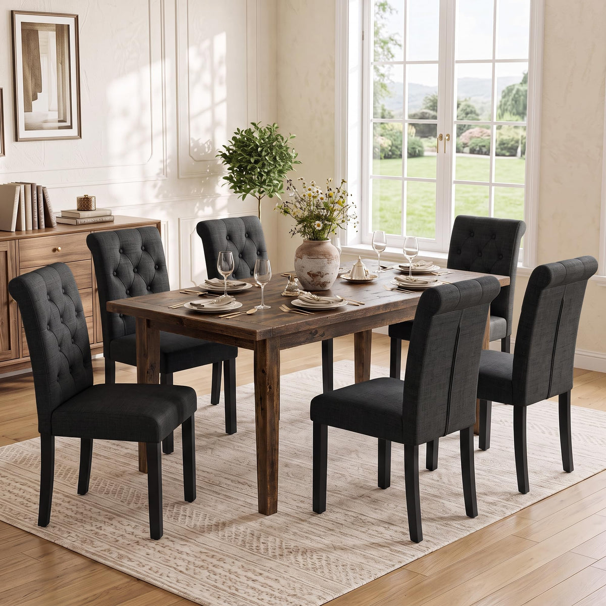 LSSPAID Dining Chairs Set of 6, Modern Armless Parsons Side Chairs, Upholstered Button-Tufted PU Leather Dining Kitchen Chairs with Solid Wood Legs, Brown