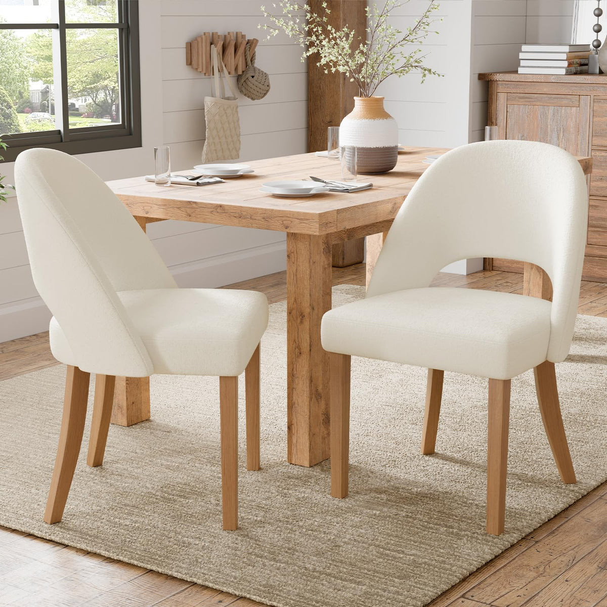 Wooden Dining Chairs Set of 4, Green Chenille Kitchen Dining Chairs