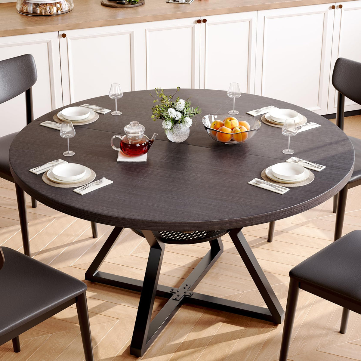 Concho 55" Round Table for 4-6, Circle Dining Dinner Table with Pedestal Metal Frame, Space Saving Wood Kitchen & Dining Room Furniture, Rustic Brown