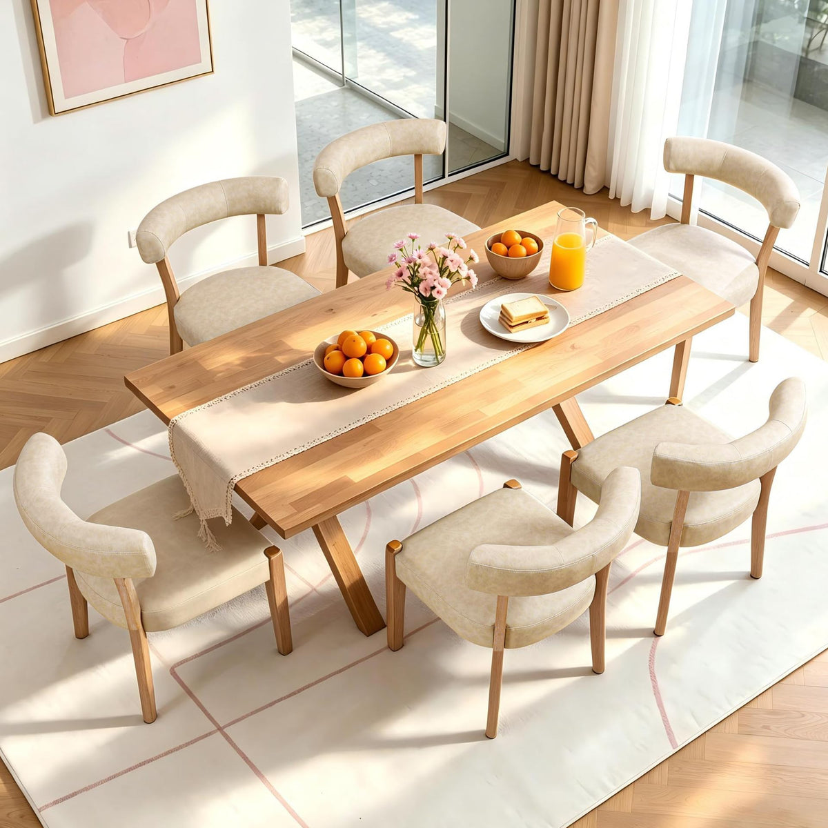 RNKSFX Modern Dining Chairs Set of 4, Faux Leather Upholstered Kitchen & Dining Room Chairs, Mid Century Modern Wooden Dining Chairs Oversized Sturdy Rounded Chairs Curved Back, Beige